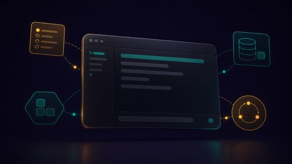 Abstract dark terminal workflow with amber and teal AI coding icons